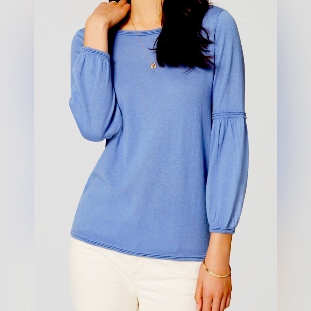 Ann Taylor LOFT Wool Blend Blue Sweater Lantern Sleeve Keyhole Back Size Small